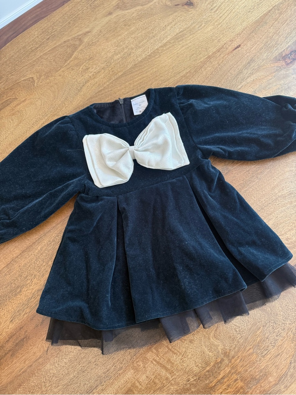 Navy Velvet Girls' Formal Dress with Silver Bow